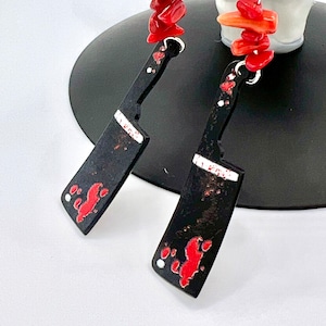 Halloween Earrings/ Bloody Butcher Knife Earrings with Silver Posts and Red Coral Accents