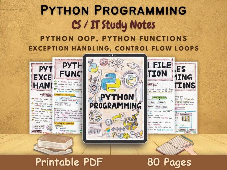 Organized aesthetic Python programming notes with vivid hand-drawn elements and structured sections like object-oriented programming, file operations, functions, and loops. Includes diagrams and tables—great as a printable PDF for coding students.
