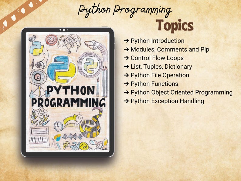Python programming notes cover key CS/IT topics: introduction, modules, loops, data types, file operations, functions, OOP, and exception handling. Eye-catching and aesthetic, ideal for creating personalized printable coding notebooks.