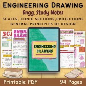 May include: A digital tablet displays "ENGINEERING DRAWING" with "Engg. Study Notes" and related topics. The image includes study notes, a notepad, and a stack of books. The text "Printable PDF" and "94 Pages" are also visible.