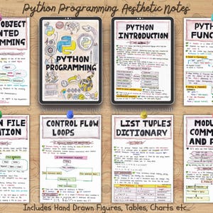 Hand-drawn Python programming study notes with colorful visuals and organized sections on functions, OOP, file handling, and control flow. Available as an 80-page printable PDF or tablet-friendly digital format, perfect for visual learners in CS or IT.