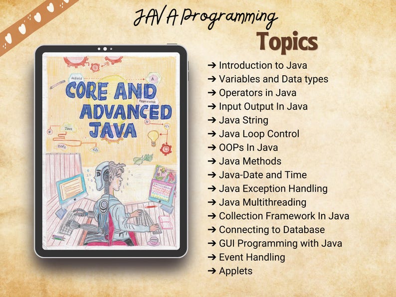 Detailed index page listing all Java programming topics covered in the "Core and Advanced Java" notes, including OOPs, Methods, String, Multithreading, GUI, Database, and more. A complete learning guide for computer science and IT students in a clear layout.