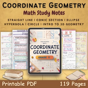 Könnte beinhalten: Ein digitales Lernheft für Koordinatengeometrie mit Notizen zu Geraden, Kegelschnitten und mehr. Das Bild zeigt ein Tablet mit dem Titel "Coordinate Geometry" und "Grade 11". Zusätzliche Notizen und ein Notizbuch sind ebenfalls zu sehen.