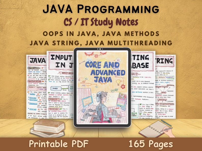 Promotional image of NewtonDesk’s 165-page Java Programming Language PDF notes featuring key topics like Java Strings, Methods, Multithreading, and Input/Output. Includes colorful, handwritten pages displayed on tablet and desk setup, tailored for CS/IT stream learners.