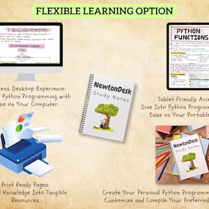 Flexible learning options for Python programming aesthetic notes including desktop, tablet, and printable formats. NewtonDesk study notes let you create your own coding book for CS/IT with colorful, handwritten pages and diagrams.