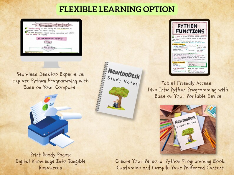 Flexible learning options for Python programming aesthetic notes including desktop, tablet, and printable formats. NewtonDesk study notes let you create your own coding book for CS/IT with colorful, handwritten pages and diagrams.