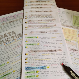 Colorful handwritten Data Structures algorithms notes covering key concepts like arrays, linked lists, stacks, queues, and graphs. Aesthetic DSA notes with highlighted definitions and illustrations, perfect for students and visual learners. Ideal for computer science learners preparing for interviews or exams.