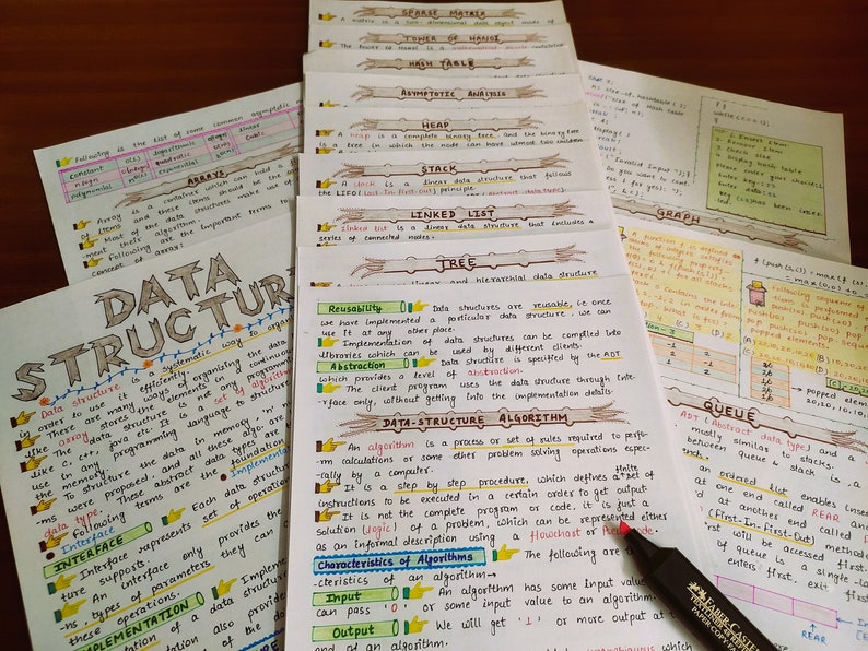 Colorful handwritten Data Structures algorithms notes covering key concepts like arrays, linked lists, stacks, queues, and graphs. Aesthetic DSA notes with highlighted definitions and illustrations, perfect for students and visual learners. Ideal for computer science learners preparing for interviews or exams.
