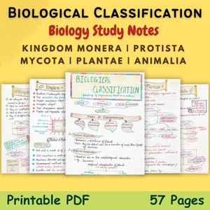 Classification biologique (Cinq Royaume) | Biologie | 11e année | Notes d'étude manuscrites sur les couleurs | Guide d'étude | Téléchargement numérique PDF