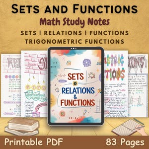 Peut inclure: Une tablette numérique affiche des notes sur les "ENSEMBLES RELATIONS & FONCTIONS", avec des notes de mathématiques manuscrites en arrière-plan. L'image comprend le texte "Math Study Notes", "PDF imprimable" et "83 pages."