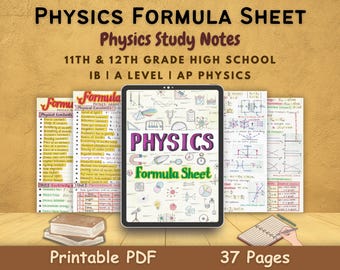 Physics Formula Sheet | for 11th and 12th Grade High School Students | Aesthetic Study Notes or Study Guide for General Physics Cheat Sheet