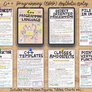 Overview of C++ handwritten notes pinned to a corkboard-style background. Each note covers a core topic like “Basic Concept,” “Classes,” “Pointers,” and more. Includes tablet and NewtonDesk notebook visuals. Emphasizes creative, easy-to-follow study material for computer science learners.