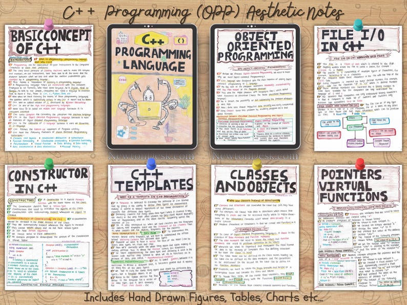Overview of C++ handwritten notes pinned to a corkboard-style background. Each note covers a core topic like “Basic Concept,” “Classes,” “Pointers,” and more. Includes tablet and NewtonDesk notebook visuals. Emphasizes creative, easy-to-follow study material for computer science learners.