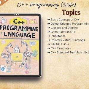Tablet displaying a hand-drawn C++ programming language cover with a robot illustration, next to a bulleted list of included topics like “Inheritance,” “Templates,” and “File I/O.” A helpful visual guide for students seeking structured, aesthetic C++ (OOP) study notes from NewtonDesk.