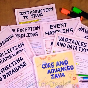 Handwritten and beautifully designed Java notes spread across a surface, covering topics like Java Variables, Exception Handling, Multithreading, and Database Connection. Ideal printable PDF study material for CS/IT students who prefer visually structured and colorful notes.