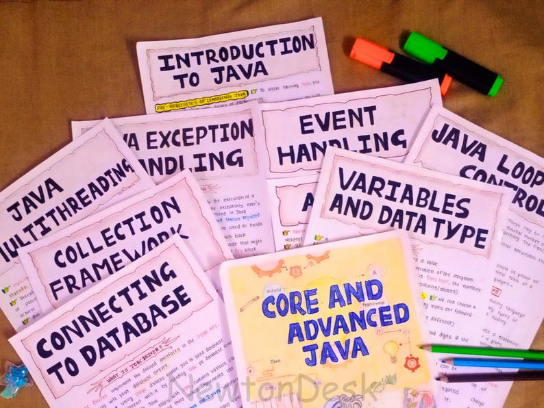 Handwritten and beautifully designed Java notes spread across a surface, covering topics like Java Variables, Exception Handling, Multithreading, and Database Connection. Ideal printable PDF study material for CS/IT students who prefer visually structured and colorful notes.