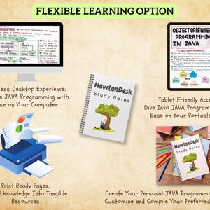 Promotional graphic showing flexible learning options for Java programming study notes—tablet view, desktop, printed pages, and personalized book creation. Showcases the versatility of NewtonDesk’s Core and Advanced Java PDF notes for various learning preferences.