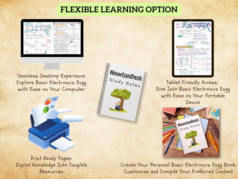 Flexible learning options for Basic Electronics notes by NewtonDesk. Access notes on desktop, tablet, or print as hard copies. Customize and compile your own aesthetic study book for E&C Engineering.
