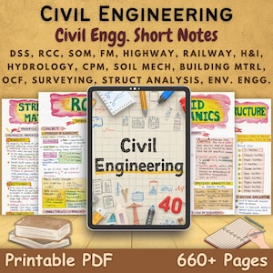 Peut inclure: Illustration numérique de notes de génie civil. L'image présente une tablette affichant "Civil Engineering" avec des schémas connexes, entourée de notes imprimées et d'un bloc-notes. Le texte comprend "Printable PDF" et "660+ Pages".