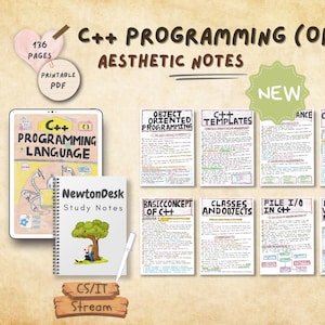 Collection of visually engaging C++ aesthetic notes showcasing 10 topics like “Constructors,” “Templates,” and “OOP.” Promotes the NewtonDesk printable PDF study notes for CS/IT students. Ideal for learners wanting creative, hand-drawn C++ explanations with colorful highlights, with 136 pages.