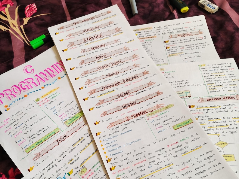 Preview of printable PDF aesthetic C programming notes. Includes hand-drawn figures and neatly organized pages covering topics like data types, enums, unions, arrays, and loops. Ideal for CS/IT students who prefer studying from well-structured physical copies.