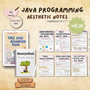 Visual preview of NewtonDesk’s aesthetic Java programming notes including topics like OOPs, GUI Programming, Exception Handling, and more. Features a clean and colorful handwritten layout, suitable for printing or digital use, perfect for students and Java learners.