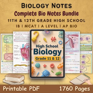 以下が含まれることがあります： 「High School Biology Grade 11 & 12」のノートが表示されたデジタルタブレットの画像。カラフルなイラストと手書きのメモに囲まれています。画像には「BIOLOGY NOTES Complete Bio Notes Bundle」と「Printable PDF 1760 Pages」の文字が含まれています。