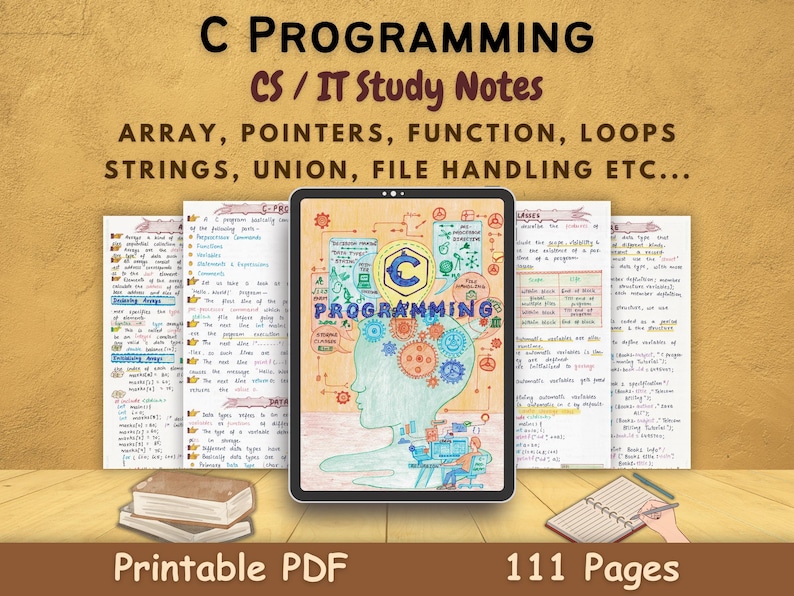 Hand-drawn C programming notes cover page featuring colorful gears, diagrams, and a silhouette design. Highlights major topics like data types, decision making, file handling, and preprocessor directives. Ideal for students of CS/IT looking for aesthetic and comprehensive study material.