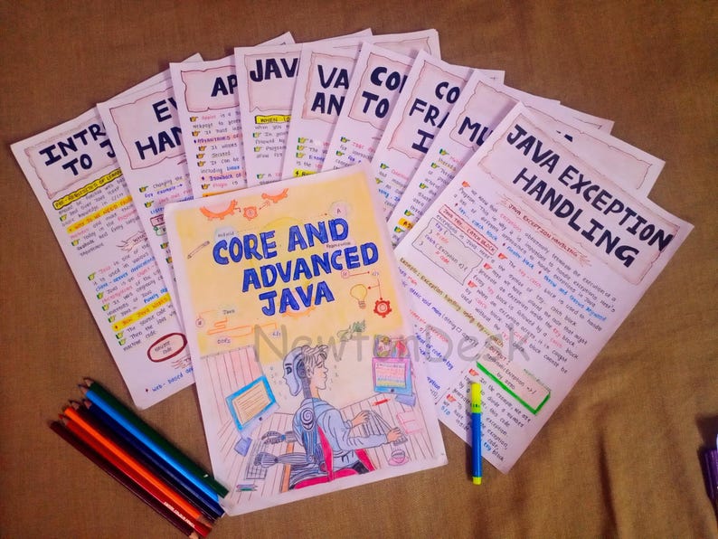 Aesthetic handwritten Java programming notes arranged neatly on a table, featuring colorful diagrams and headings like "Core and Advanced Java," "Java Exception Handling," and more, ideal for students or beginners learning Java. Perfect study aid with visually engaging content and organized layout.