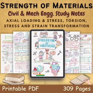 May include: A digital tablet displaying "Strength of Materials" study notes for Civil & Mech Engg. The image includes handwritten notes, diagrams, and the text "Printable PDF" and "309 Pages".