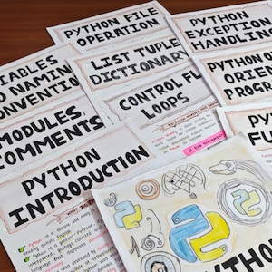 Aesthetic Python programming notes featuring colorful hand-drawn headers and diagrams on topics like Python introduction, functions, loops, and file operations. Ideal for CS/IT students. Perfect as printable PDF or digital tablet study material.