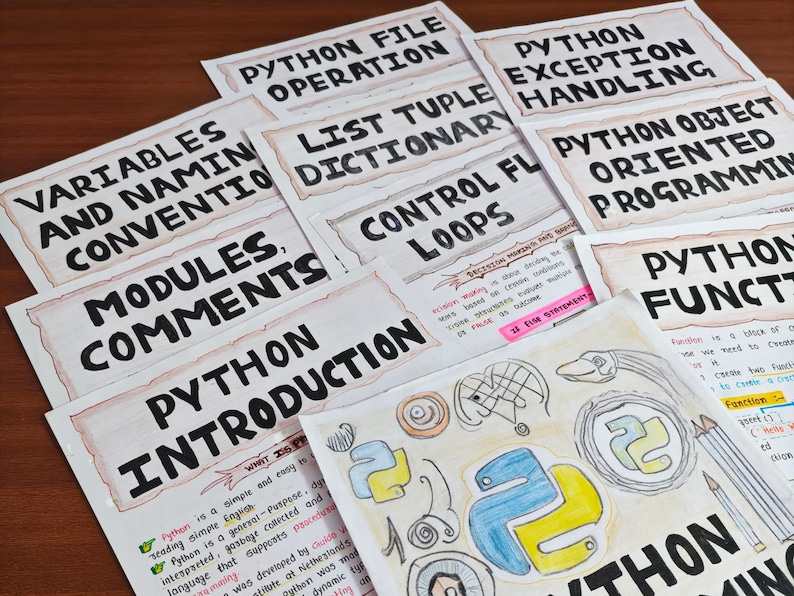 Aesthetic Python programming notes featuring colorful hand-drawn headers and diagrams on topics like Python introduction, functions, loops, and file operations. Ideal for CS/IT students. Perfect as printable PDF or digital tablet study material.
