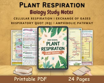 May include: A digital study guide on plant respiration, featuring a tablet displaying "Plant Respiration" and "Plant Biology" text. The image includes study notes, a stack of books, and a notepad. The guide is labeled as a "Printable PDF" with 24 pages.