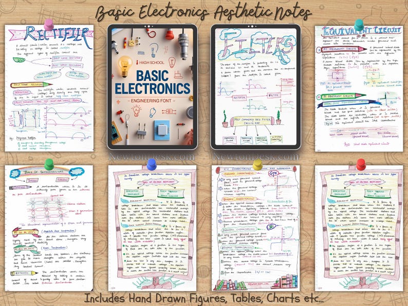 Basic Electronics study notes PDF with hand-drawn diagrams and charts. Topics like Rectifiers, Filters, Semiconductors, and Equivalent Circuits presented in a colorful and easy-to-understand format by NewtonDesk.