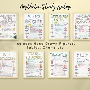 Aesthetic hand-drawn Basic Electronics notes with colorful headings and cute illustrations. Covers topics like Semiconductor Diodes, Microcontrollers, Communication System, and Flip Flops. Ideal for visual learners in E&C Engineering.