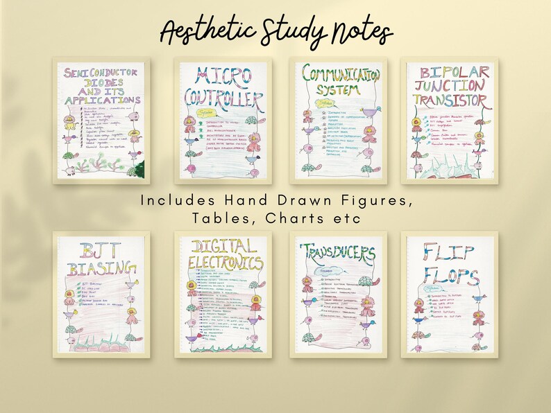 Aesthetic hand-drawn Basic Electronics notes with colorful headings and cute illustrations. Covers topics like Semiconductor Diodes, Microcontrollers, Communication System, and Flip Flops. Ideal for visual learners in E&C Engineering.
