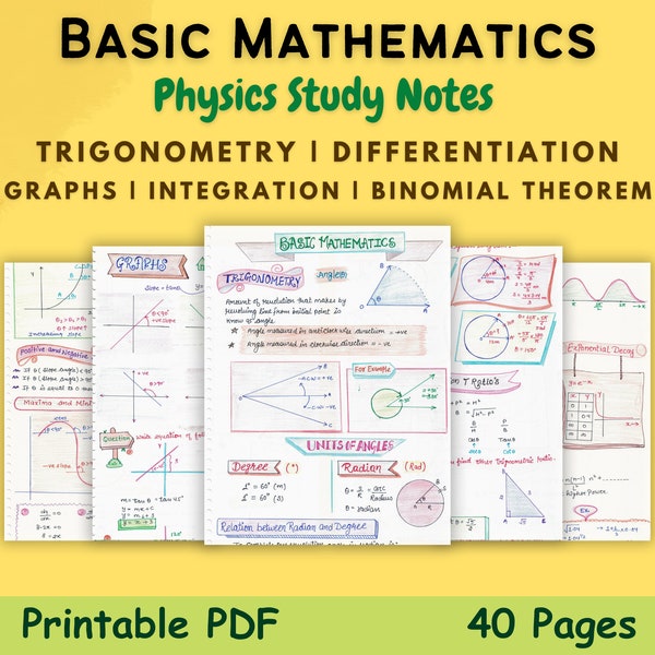 Basic Math | Trigonometry | Graphs - Grade 11 Physics Handwritten color Study Notes | Study Guide | Printable Digital Download