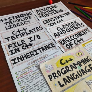 Flat lay of aesthetic C++ programming handwritten notes featuring colorful markers and headings like “Inheritance,” “File I/O in C++,” and “Standard Template Library” on a wooden table. Perfect study material for computer science students learning object-oriented programming (OOP) in C++.