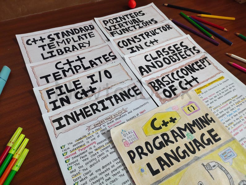 Flat lay of aesthetic C++ programming handwritten notes featuring colorful markers and headings like “Inheritance,” “File I/O in C++,” and “Standard Template Library” on a wooden table. Perfect study material for computer science students learning object-oriented programming (OOP) in C++.