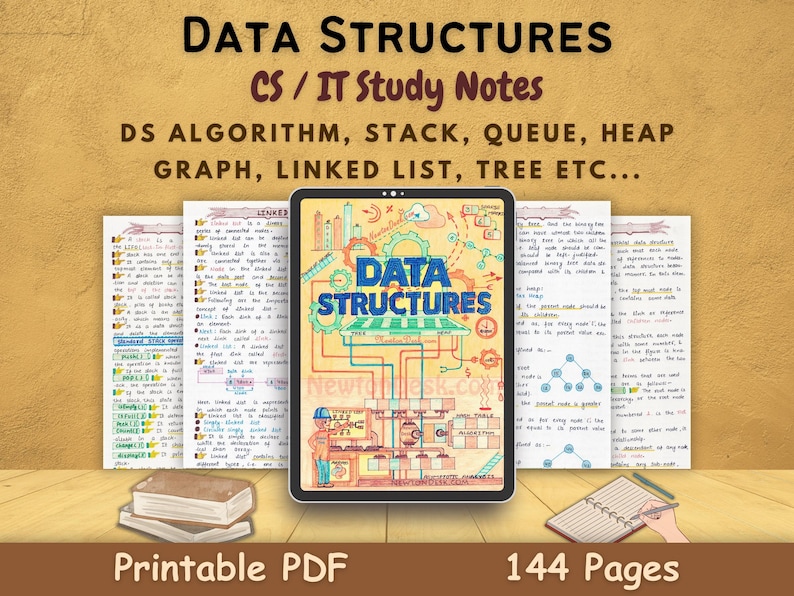 CS/IT handwritten Data Structures algorithm study notes PDF with 144 pages. Includes DSA topics like algorithms, stacks, heaps, graphs, and queues. Aesthetic layout with colorful highlights, ideal for exam preparation, coding interviews, or self-study. Printable digital format for flexible learning.
