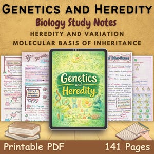 May include: A digital biology study guide titled "Genetics and Heredity" with handwritten notes and illustrations. The image includes a tablet displaying the title, along with printed notes, a small notebook, and a stack of books. The text "Printable PDF" and "141 Pages" are also visible.