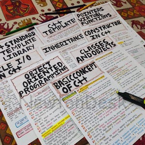 Neatly organized C++ language handwritten notes spread out on a traditional Indian fabric background. Topics include “Templates,” “OOP,” “Constructors,” and more. Highlighted text and vibrant headings make it visually appealing for CS/IT students seeking aesthetic, easy-to-understand C++ study resources.