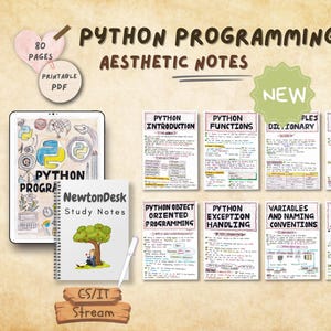 Beautifully designed Python programming aesthetic notes for Computer Science / IT students, showcasing topics like loops, functions, dictionaries, and OOP. Includes hand-drawn illustrations, organized for digital use or print-ready PDF notebook format.