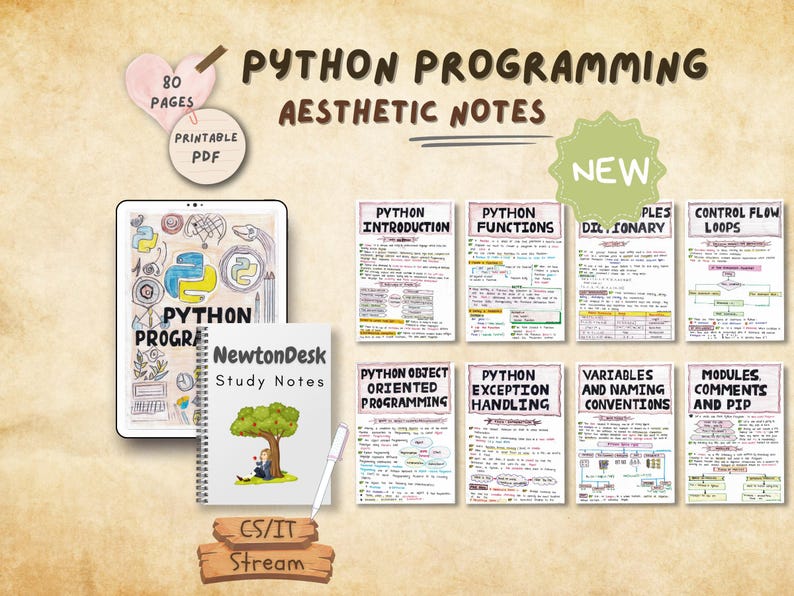 Beautifully designed Python programming aesthetic notes for Computer Science / IT students, showcasing topics like loops, functions, dictionaries, and OOP. Includes hand-drawn illustrations, organized for digital use or print-ready PDF notebook format.