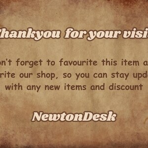 Thank you message from NewtonDesk. Encourages favoriting the item and shop to stay updated on new aesthetic study notes and discount offers. Warm and vintage-themed closing image for Etsy listing.