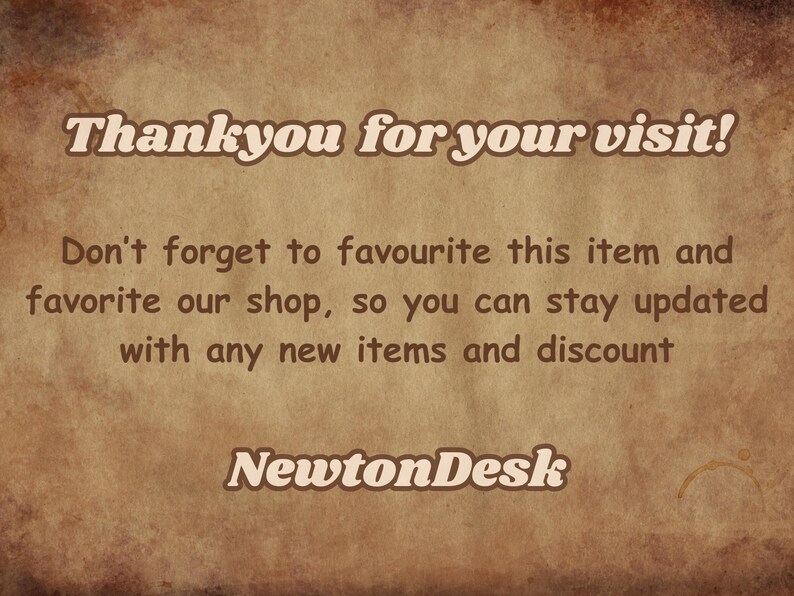 Thank you message from NewtonDesk. Encourages favoriting the item and shop to stay updated on new aesthetic study notes and discount offers. Warm and vintage-themed closing image for Etsy listing.
