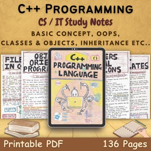 Op de afbeelding: Een digitale illustratie van een tablet met aantekeningen over "C++ Programming Language", met ondersteunende studienotities en een stapel boeken. De afbeelding bevat de tekst "Printable PDF" en "136 Pages".