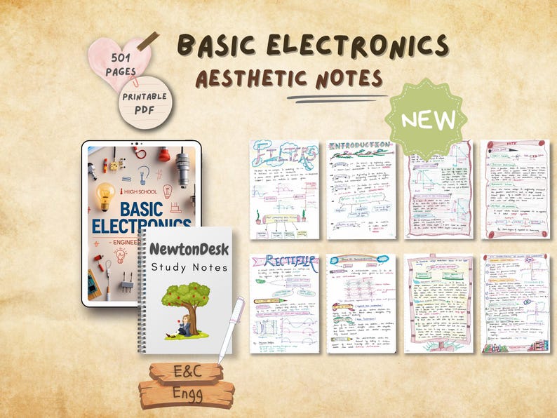 Basic Electronics aesthetic study notes PDF featuring 501 hand-drawn, colorful pages for engineering students. Includes illustrations, circuit diagrams, and clear explanations. Printable and digital-friendly format by NewtonDesk for E&C Engg learners.