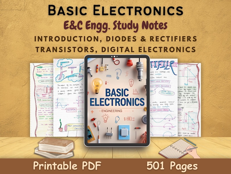 Printable PDF of 501 pages of aesthetic Basic Electronics notes for E&C Engineering students. Covers diodes, rectifiers, transistors, and digital electronics with colorful visuals and detailed explanations.