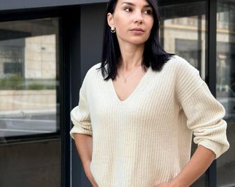 Handgemaakte gebreide trui voor dames – Grof gebreide kasjmier/merino trui – Comfortabele top voor de herfst/winter